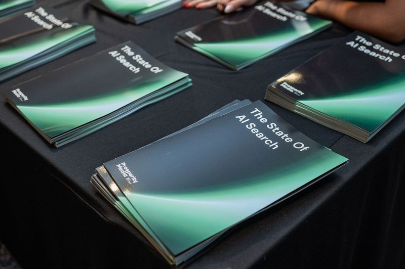 Stacks of The State of AI Search report booklets from Prosperity Media